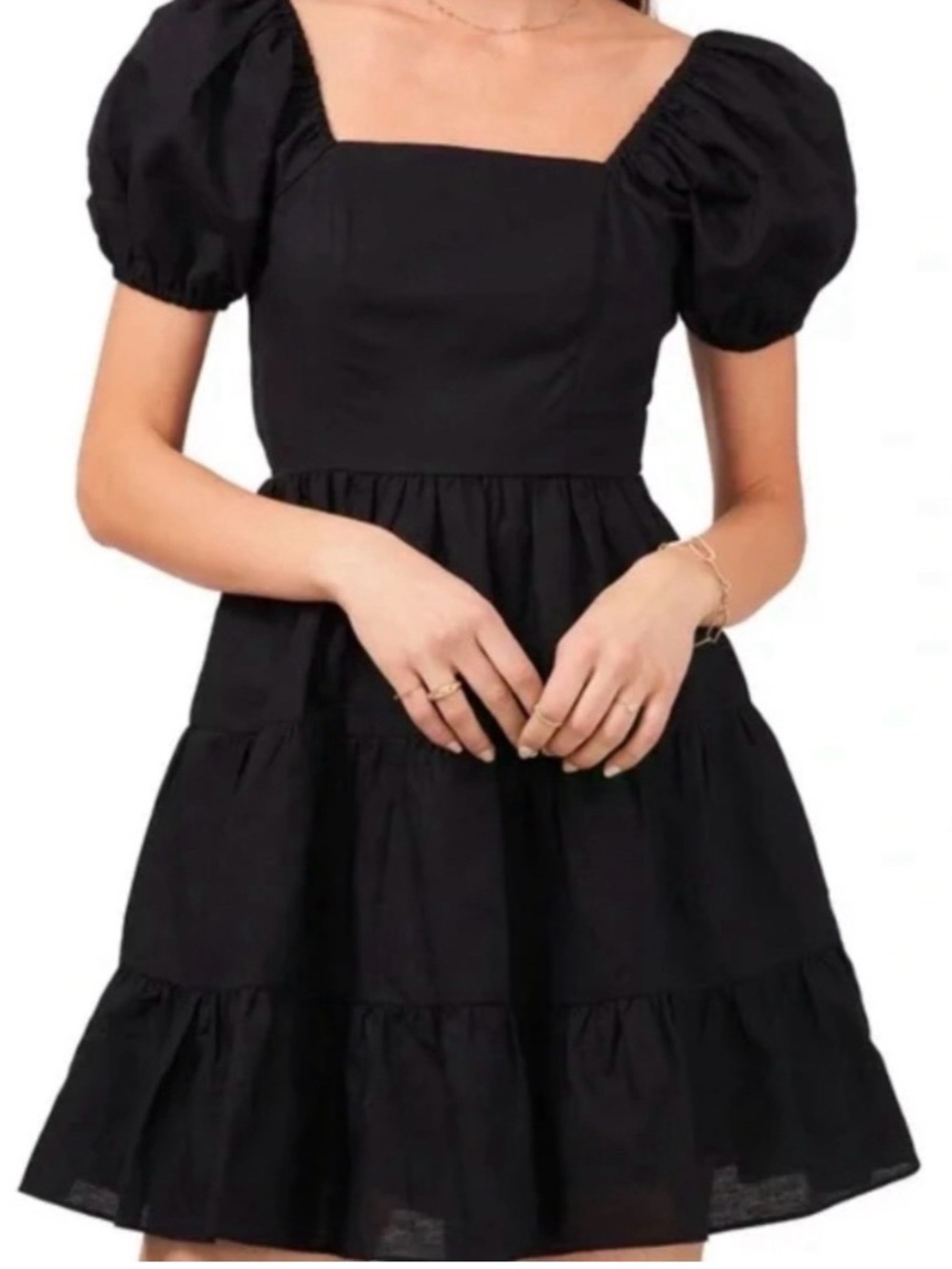 Chelsea & Violet Black Linen Blend Puff Sleeve Open Back Tiered Mini Dress S
